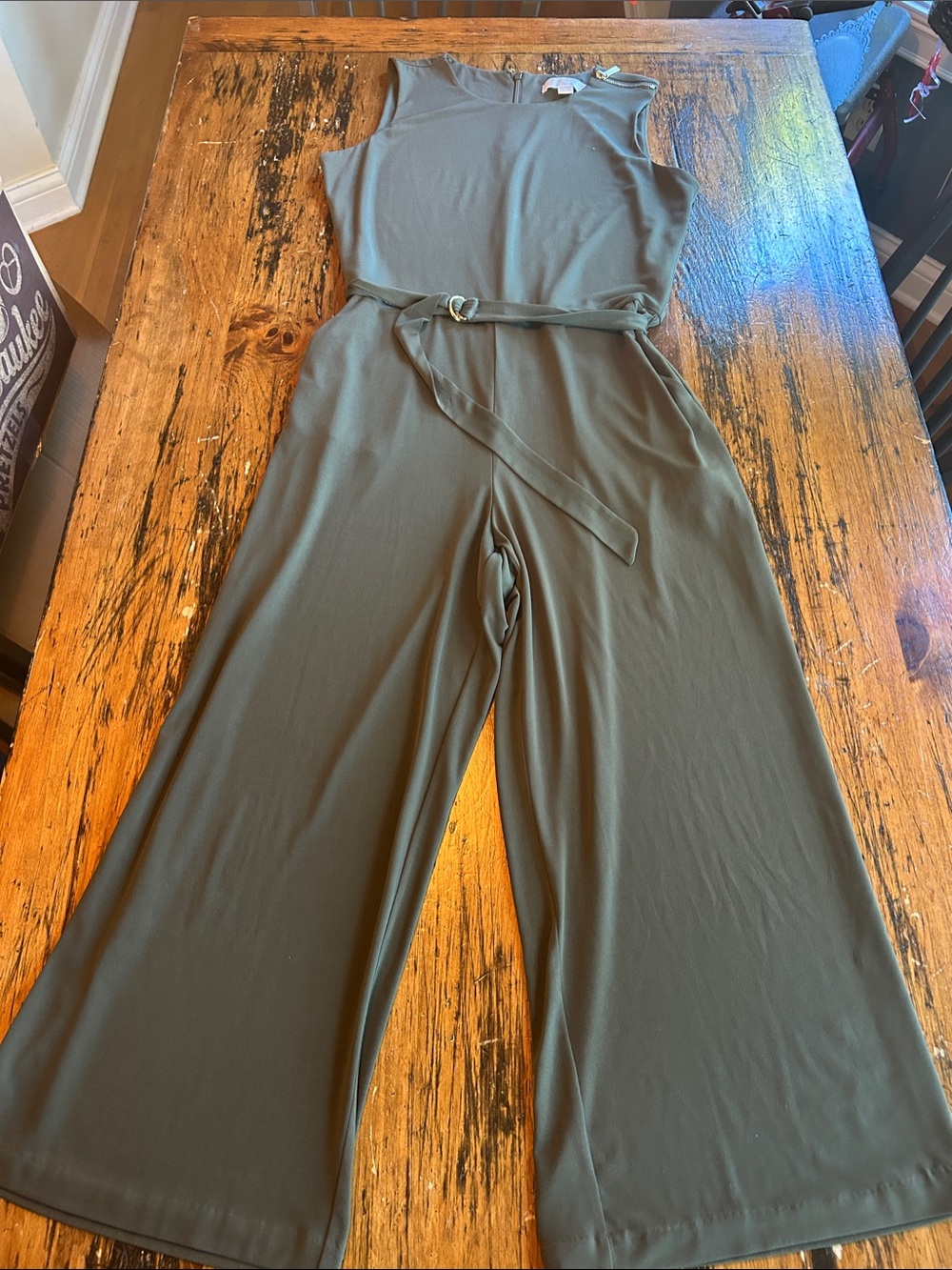 Michael Kors aSleeveless Olive Wide-Leg Jumpsuit with Belt